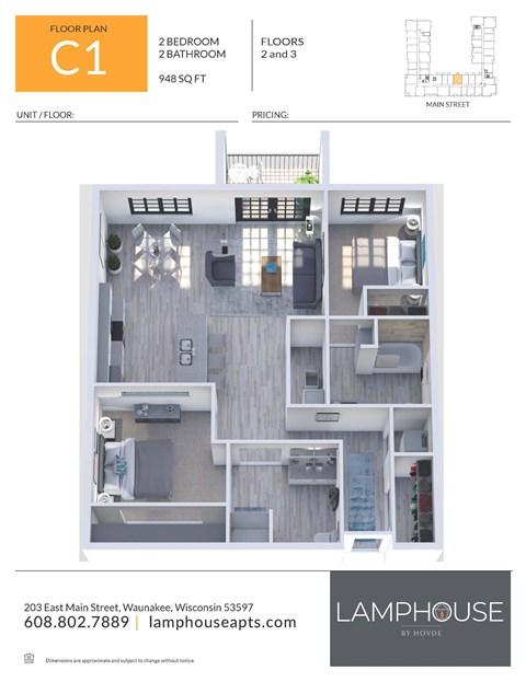 Floor plan for 2 beds, 2 baths, 948 sqft