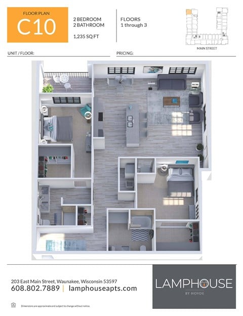 Floor plan for 2 beds, 2 baths, 1235 sqft