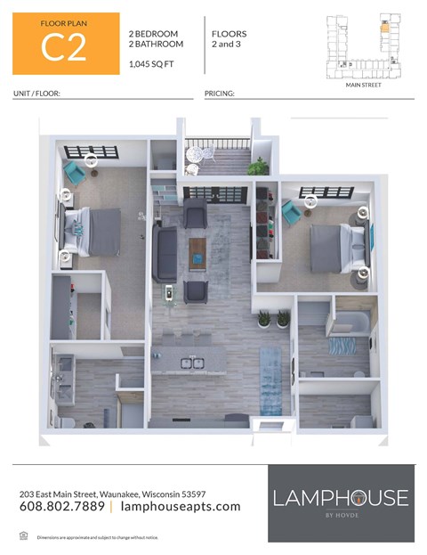 Floor plan for 2 beds, 2 baths, 1045 sqft