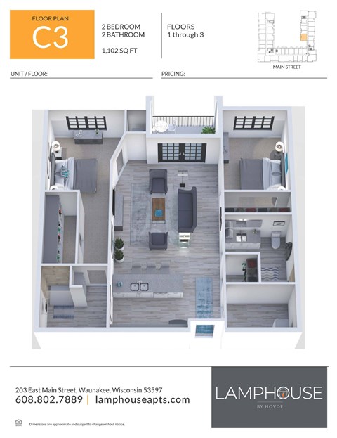 Floor plan for 2 beds, 2 baths, 1102 sqft