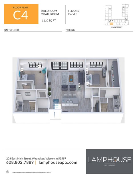 Floor plan for 2 beds, 2 baths, 1110 sqft