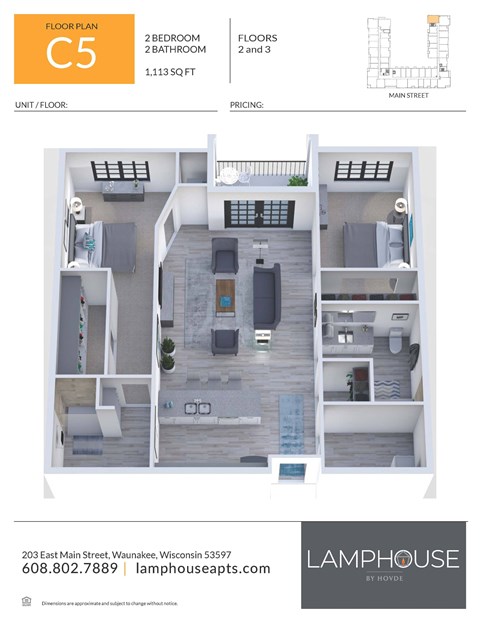 Floor plan for 2 beds, 2 baths, 1113 sqft