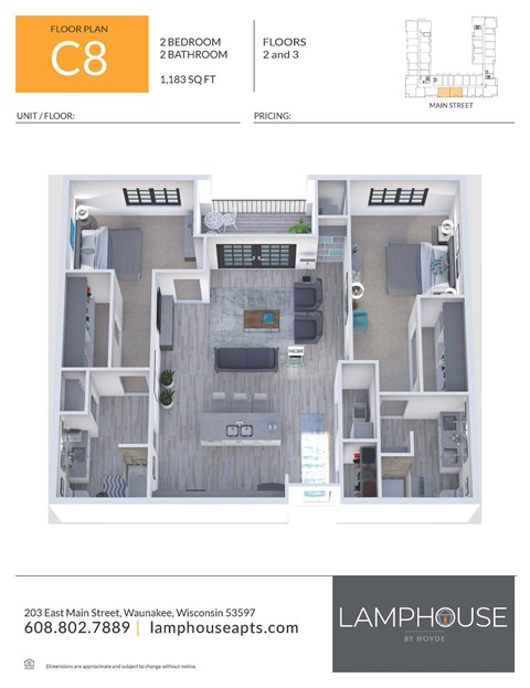 Floor plan for 2 beds, 2 baths, 1183 sqft