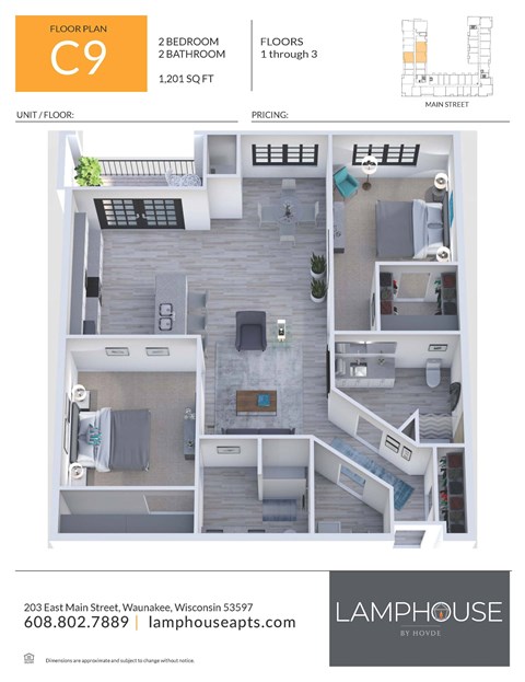 Floor plan for 2 beds, 2 baths, 1201 sqft