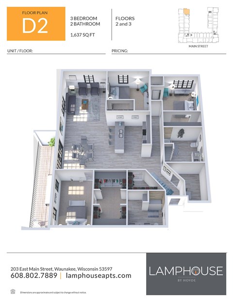 Floor plan for 3 beds, 3 baths, 1637 sqft