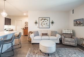 Janesville apartment for rent - A living room with a white couch, a grey armchair, and a white ottoman.