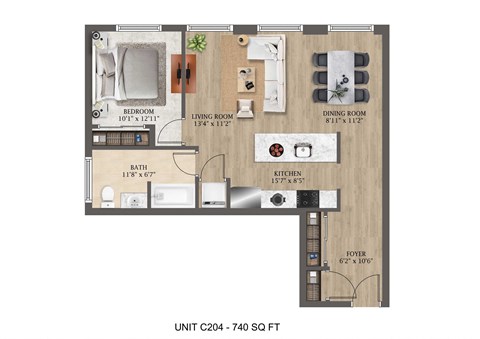 Floor plan for 1 bed, 1 bath, 648 sqft