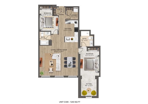 Floor plan for 1 bed, 1 bath, 967 sqft