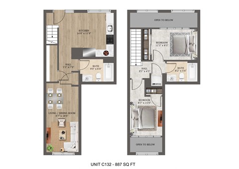 Floor plan for 2 beds, 2 baths, 1169 sqft