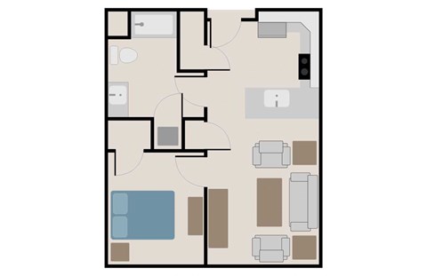 Floor plan for 1 bed, 1 bath, 603 sqft