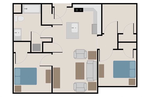 Floor plan for 2 beds, 1 bath, 867 sqft