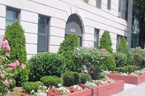 Dorchester apartment for rent - White stone building with landscaping