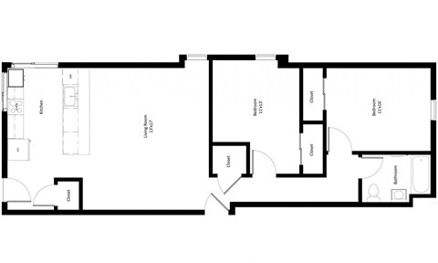 Floor plan for 2 beds, 1 bath, 870 sqft