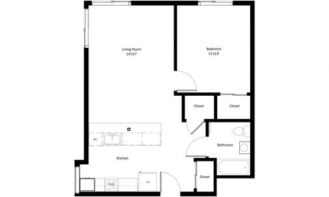 Floor plan for 1 bed, 1 bath, 695 sqft