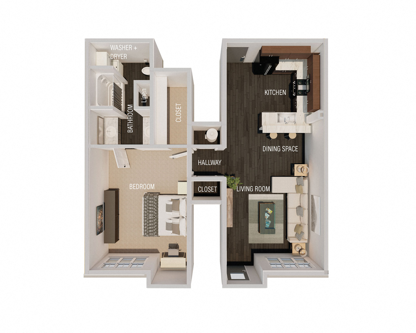 Floor plan for 1 bed, 1 bath, 1048 sqft