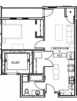 Floor plan for 1 bed, 1 bath, 611 sqft