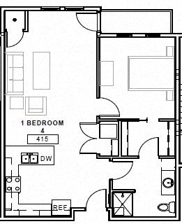Floor plan for 1 bed, 1 bath, 790 sqft