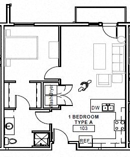Floor plan for 1 bed, 1 bath, 731 sqft