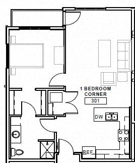 Floor plan for 1 bed, 1 bath, 806 sqft