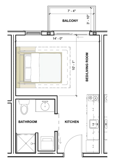 Floor plan for studio, 1 bath, 308 sqft