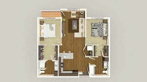 Floor plan for 2 beds, 2 baths, 1069 sqft