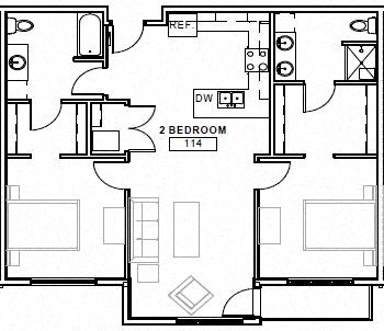 Floor plan for 2 beds, 2 baths, 1074 sqft