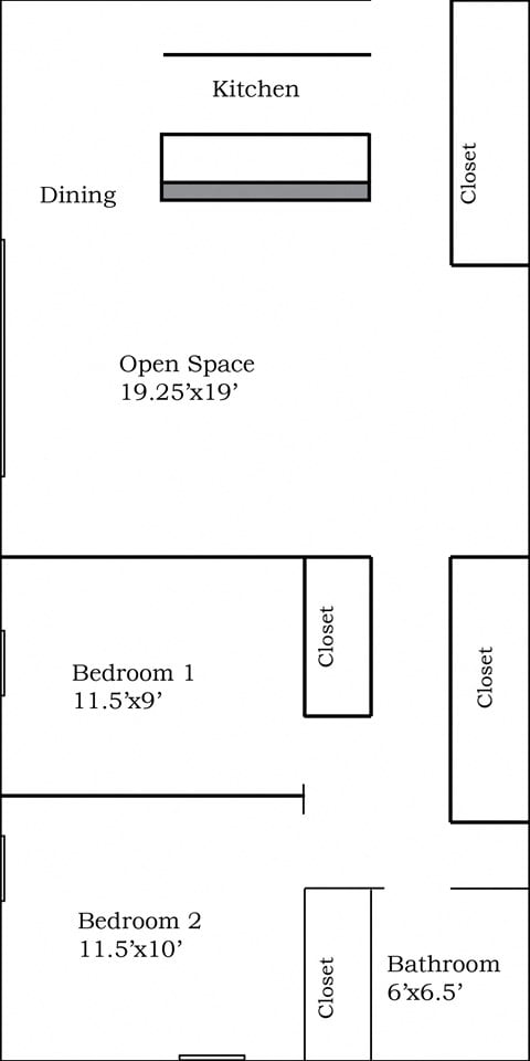 Floor plan for 2 beds, 1 bath, 800 sqft