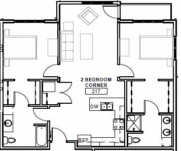 Floor plan for 2 beds, 2 baths, 1093 sqft