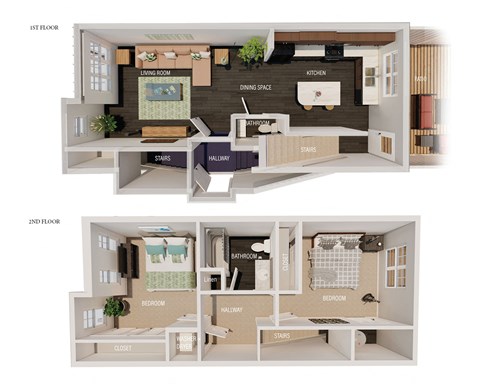 Floor plan for 2 beds, 1.5 baths, 1065 sqft