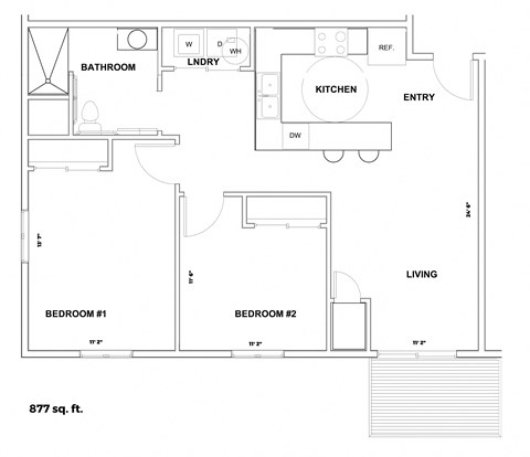 Floor plan for 2 beds, 1 bath, 877 sqft
