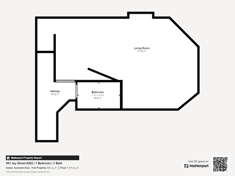 Floor plan for 1 bed, 1 bath, 840 sqft
