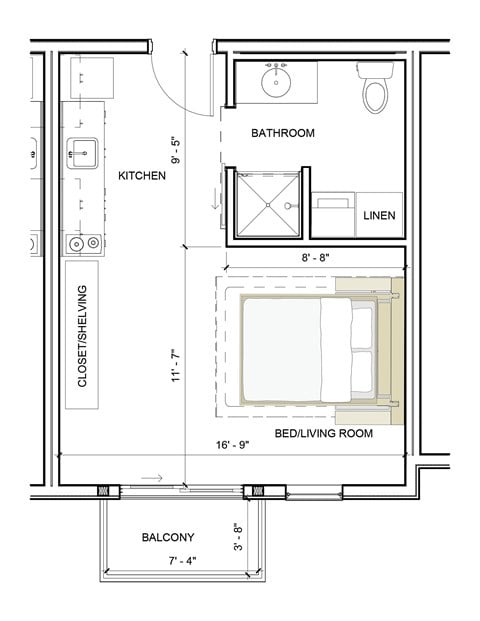 Floor plan for studio, 1 bath, 340 sqft