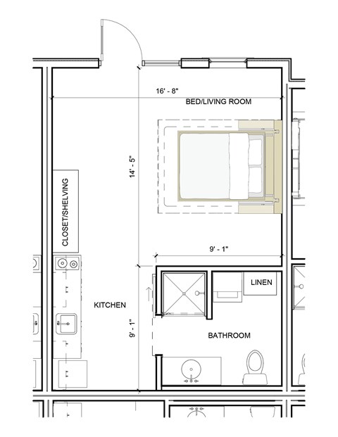 Floor plan for studio, 1 bath, 383 sqft