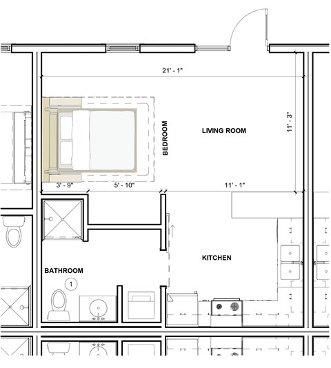 Floor plan for studio, 1 bath, 457 sqft