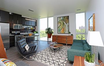 Milwaukee apartment for rent - A modern living room with a black leather chair and a green sofa.
