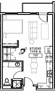 Floor plan for studio, 1 bath, 495 sqft