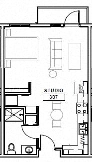 Floor plan for studio, 1 bath, 498 sqft