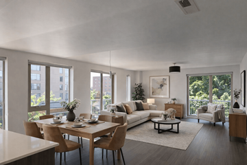 Milwaukee apartment for rent - A modern living room with a dining table and chairs.