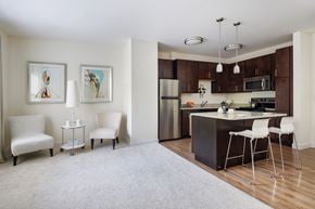Arlington apartment for rent - A modern kitchen with a dining table and chairs.