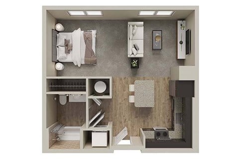 Floor plan for studio, 1 bath, 598 sqft