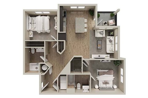 Floor plan for 2 beds, 2 baths, 1059 sqft