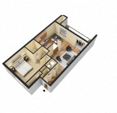 Floor plan for 1 bed, 1 bath, 688 sqft