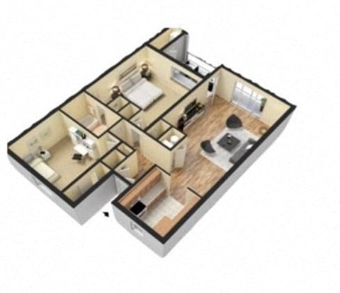 Floor plan for 2 beds, 1 bath, 860 sqft