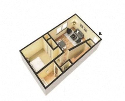 Floor plan for 1 bed, 1 bath, 748 sqft