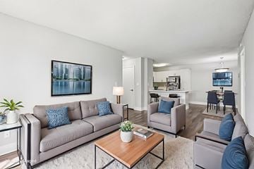 Coconut Creek apartment for rent - A living room with a grey couch and a coffee table.