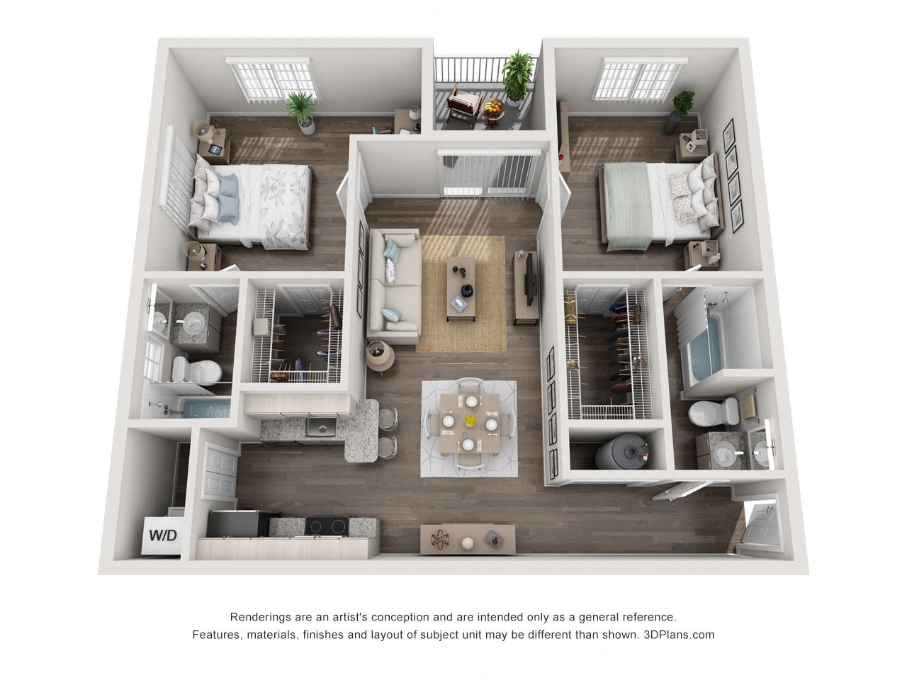Floor plan for 2 beds, 2 baths, 1050 sqft