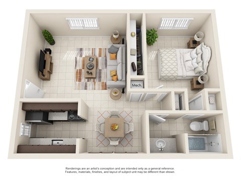 Floor plan for 1 bed, 1 bath, 630 sqft