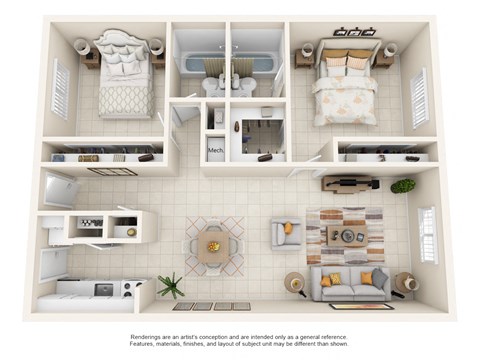 Floor plan for 2 beds, 2 baths, 950 sqft