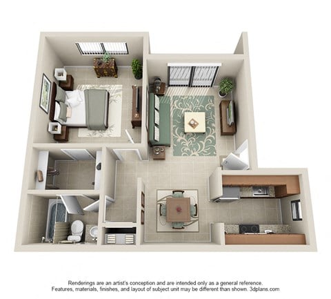 Floor plan for 1 bed, 1 bath, 623 sqft
