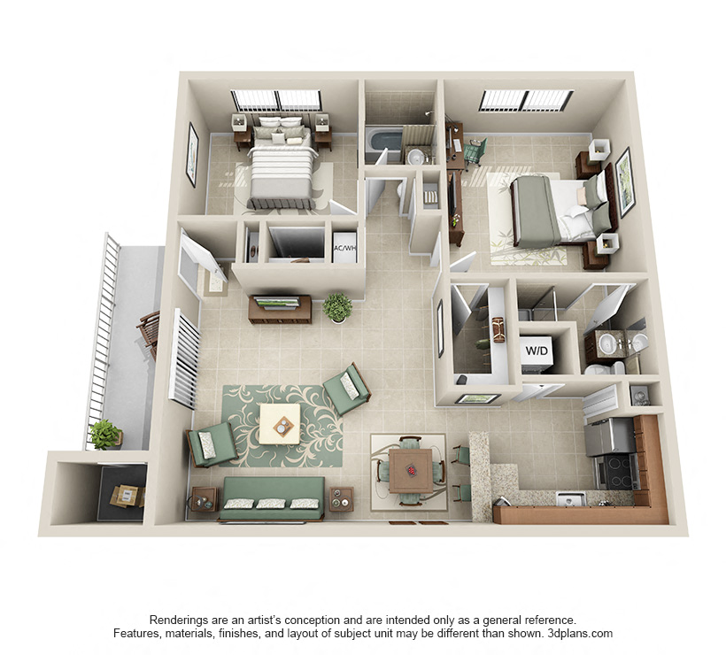 Floor plan for 2 beds, 2 baths, 1012 sqft